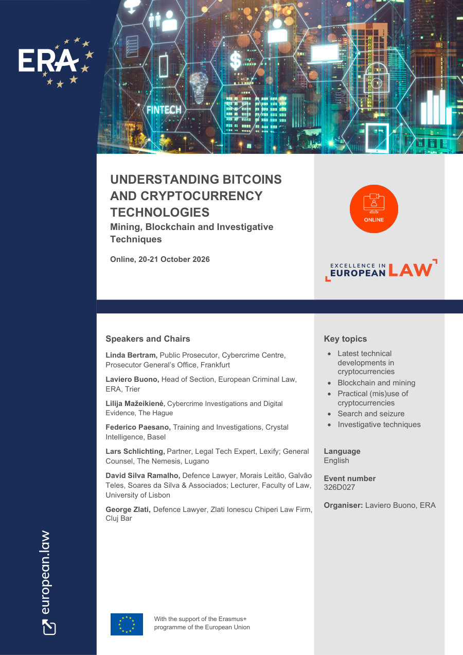 Coperta programului seminarului ERA Understanding Bitcoins and Cryptocurrency Technologies, online, 20-21 octombrie 2026, cu lista speakerilor